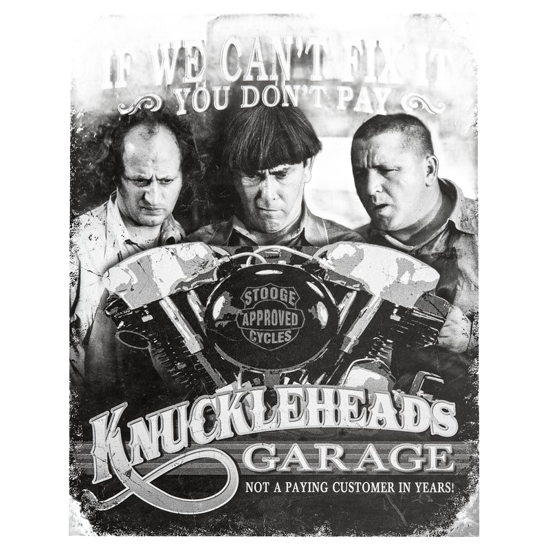 Vintage-style metal garage sign featuring a black and white image of the Stooges with the humorous phrase about fixing, part of Home & Decor, USA Made, and Best Sellers collections.