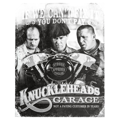 Vintage-style metal garage sign featuring a black and white image of the Stooges with the humorous phrase about fixing, part of Home & Decor, USA Made, and Best Sellers collections.