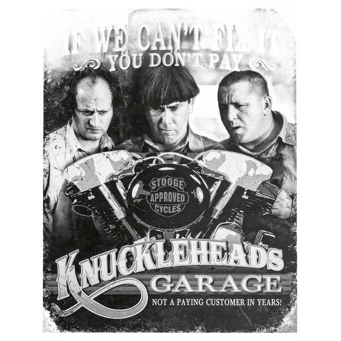 Vintage-style metal garage sign featuring a black and white image of the Stooges with the humorous phrase about fixing, part of Home & Decor, USA Made, and Best Sellers collections.