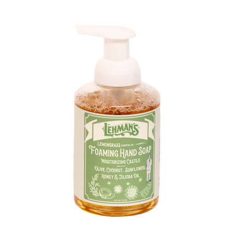 Clear pump bottle of handcrafted moisturizing foaming hand soap with lemongrass scent, made in USA using natural oils including olive, coconut, sunflower, honey, and jojoba, ideal for Health & Wellness, Grooming and Personal Hygiene, Soaps, and Best Sellers collections.