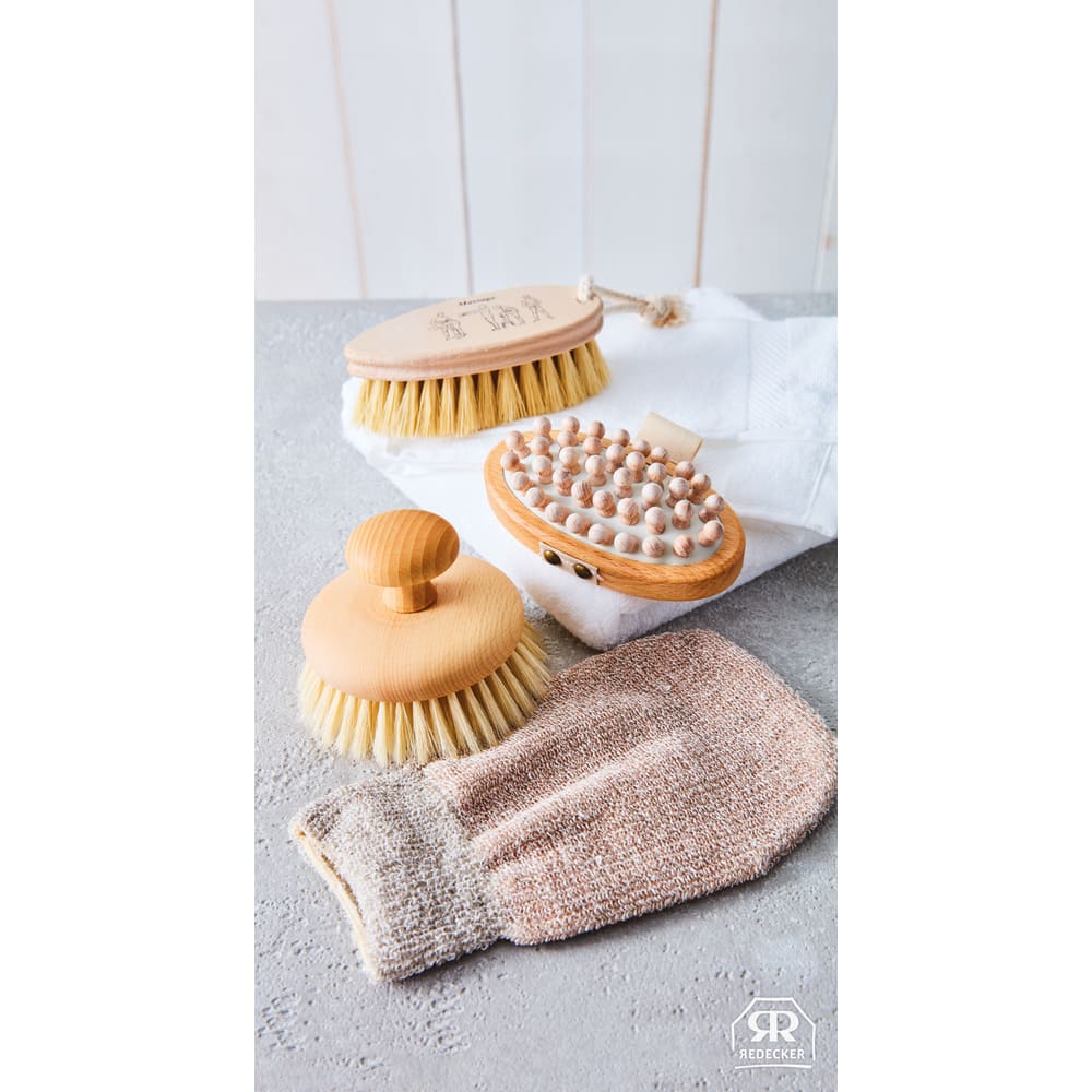 Set of handcrafted wooden massage brushes and a natural exfoliating glove with gentle bristles and massage nodes, ideal for skin stimulation in Health & Wellness, Grooming and Personal Hygiene, Best Sellers, and Promo Eligible collections.