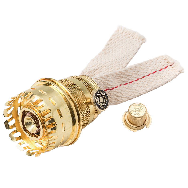 Handcrafted polished brass burner with woven cotton wick and adjustment knob, designed for lamps, featured in Lamps & Lighting, Parts and Accessories, Lamp Burners and Collars, Best Sellers, Promo Eligible collections.