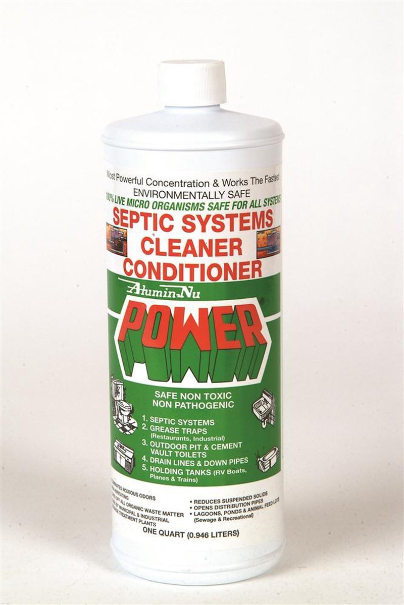White plastic quart bottle of septic system cleaner conditioner labeled environmentally safe with live microorganisms, non-toxic, non-pathogenic formula for Home & Decor, Household Cleaning, Cleaners and Polishes, Best Sellers, Promo Eligible collections.