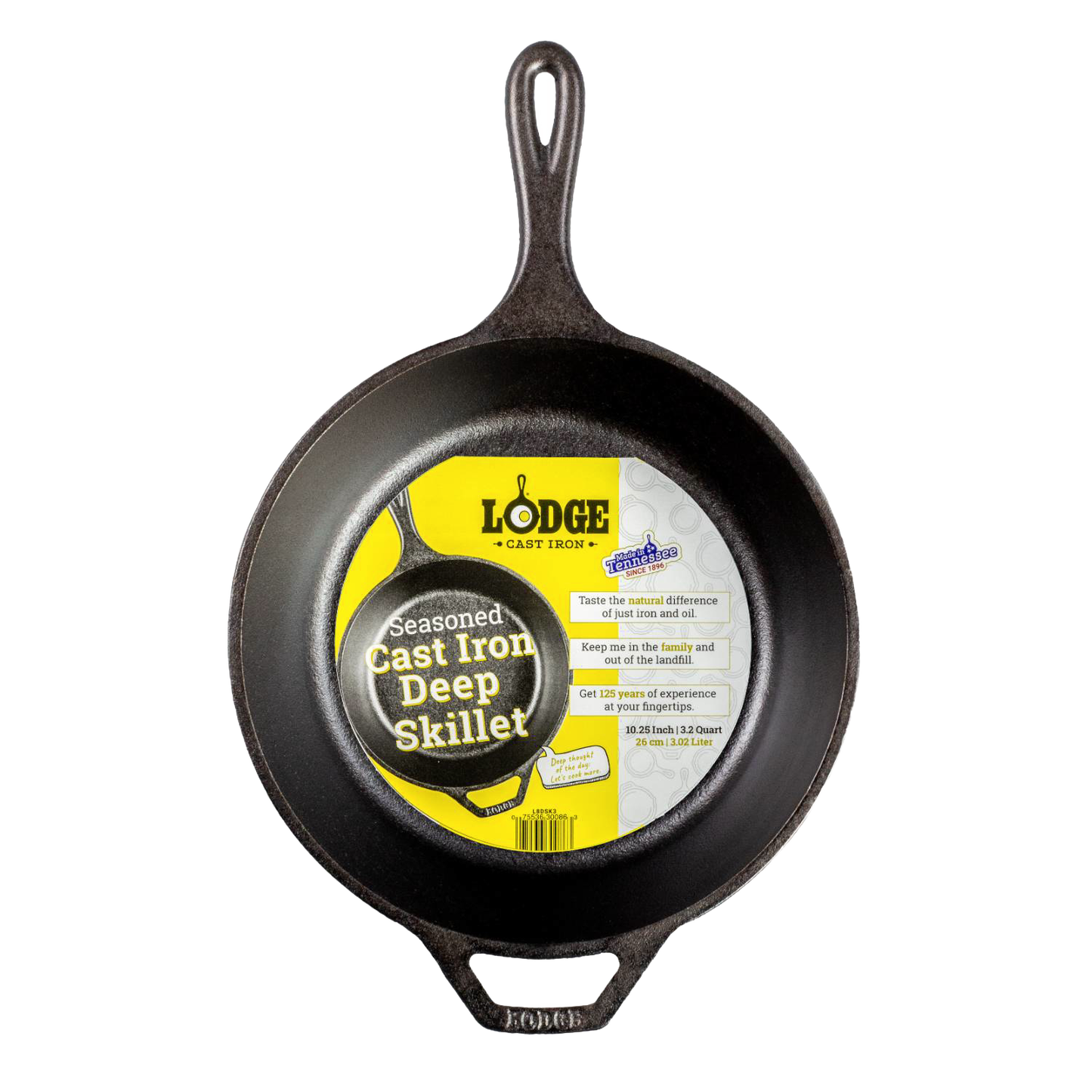 Black seasoned cast iron deep skillet with assist handle and branded label highlighting versatility for Farm, Garden & Tool, Kitchen & Food, Camping, and Cookware collections.