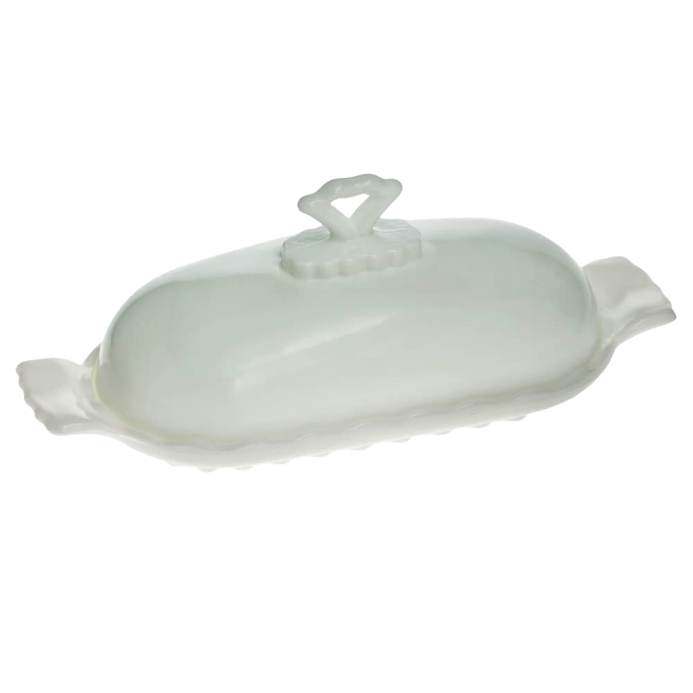 Elegant glass butter dish with a vintage-inspired handle and matching base, handcrafted and made in USA, perfect for Kitchen & Food, Dinnerware, Making Butter collections.