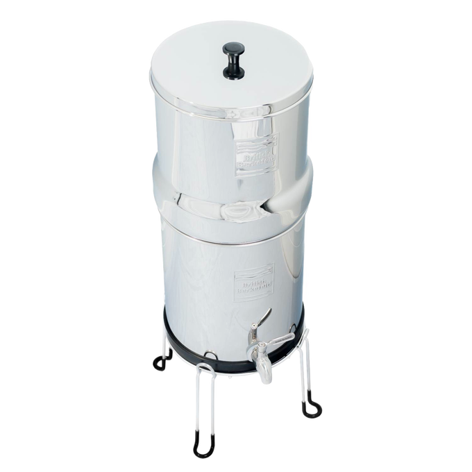 Stainless steel gravity water filter with a sturdy, raised stand and spigot, crafted for durability and ease in appliances, emergency supplies, and best sellers collections.