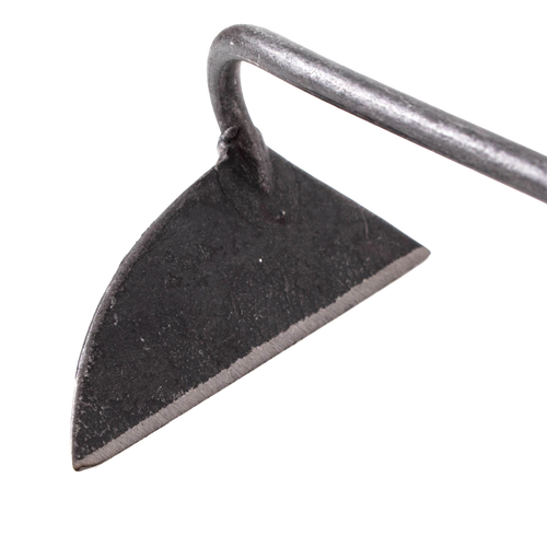 Close-up of a handcrafted steel blade with a sharpened edge on a small garden hoe tool, designed for precise weed removal in flower and vegetable beds, ideal for Farm, Garden & Tool and Garden Accessories collections.