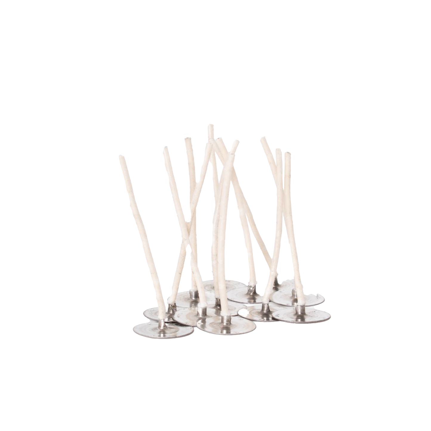 Set of ten metal wick sustainers with pre-attached cotton wicks, designed for handcrafted soy candle making, suitable for use in lamps & lighting, candlemaking supplies, and best sellers collections.