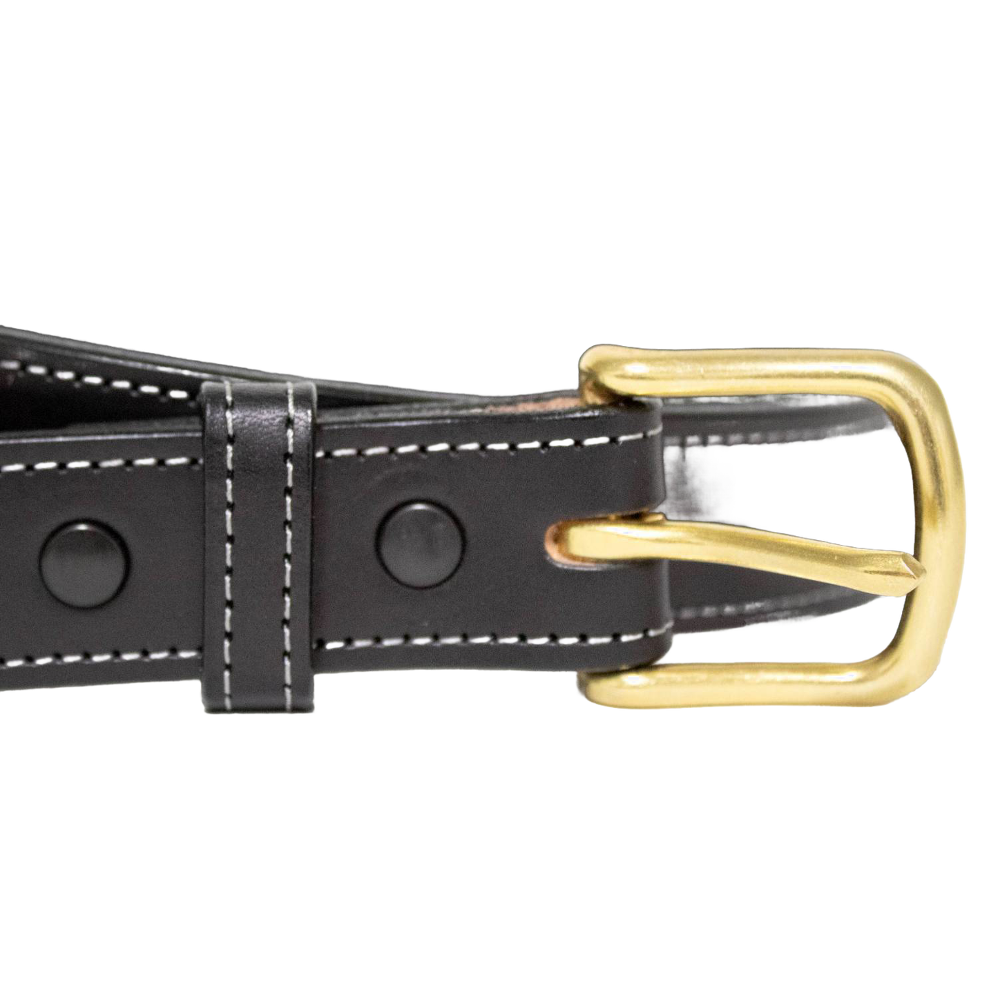 Handcrafted Amish-made black English bridle leather belt with detailed white stitching and polished solid brass buckle, featured in Clothing and Accessories, USA Made, Amish Made, and Best Sellers collections.