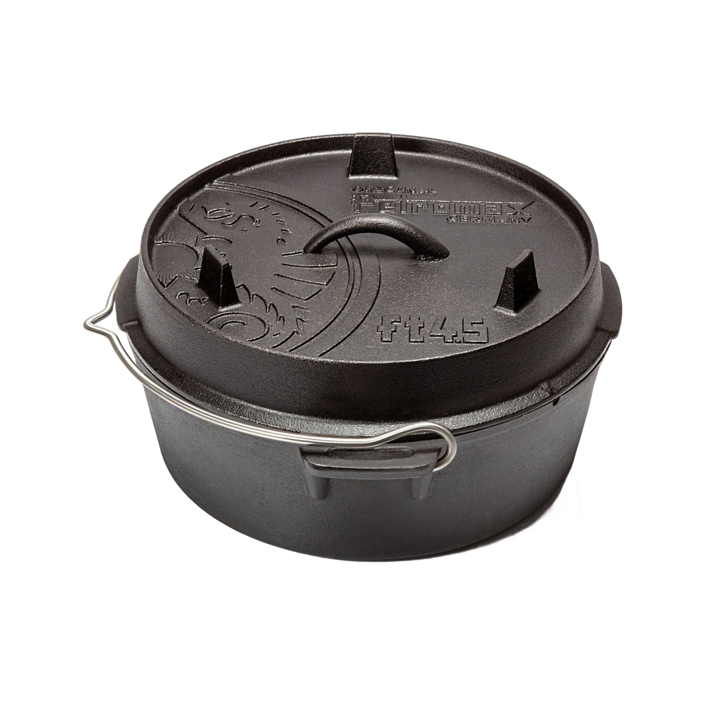Black cast iron Dutch oven with flat base and embossed lid featuring raised feet and sturdy bail handle, designed for versatile cooking in Kitchen & Food, Cast Iron, Cookware, Best Sellers, Promo Eligible collections.