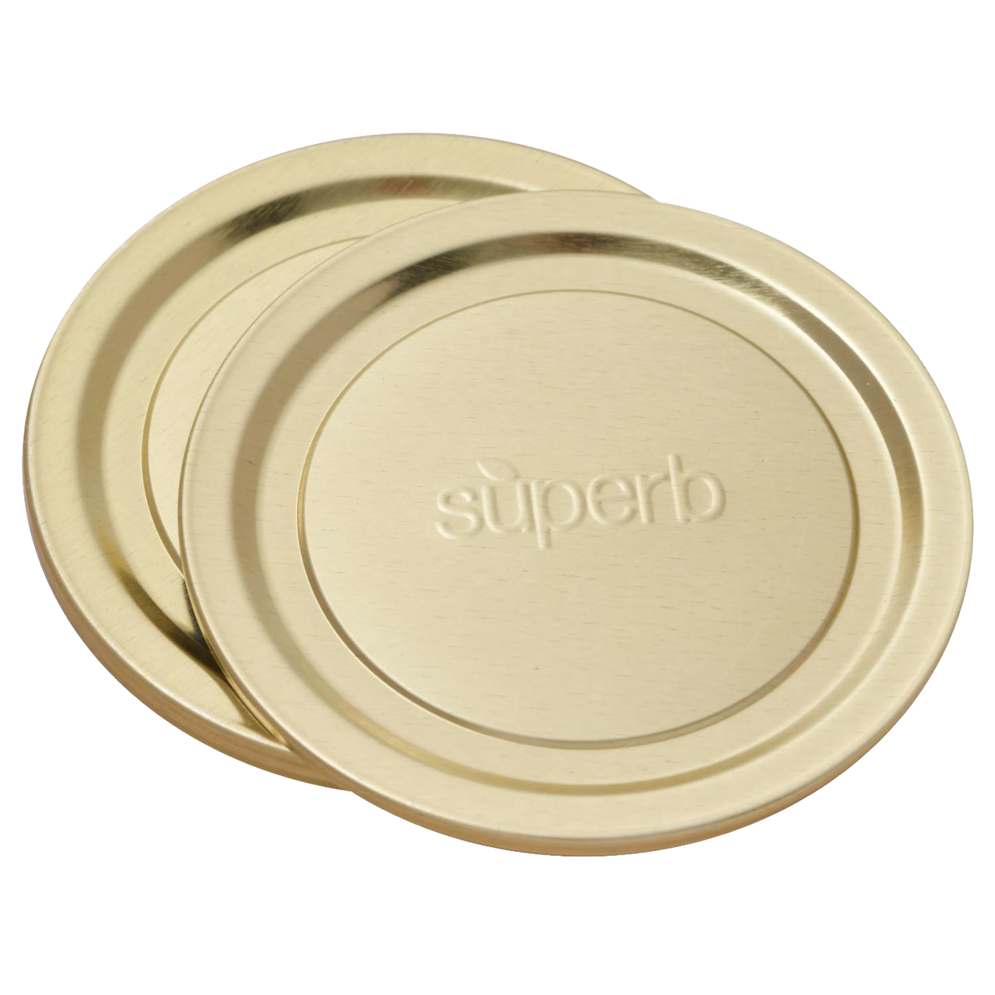 Pair of wide-mouth canning jar lids in a gold tone embossed with "superb," designed for secure food preservation, featured in Kitchen & Food, Canning, and USA Made collections.