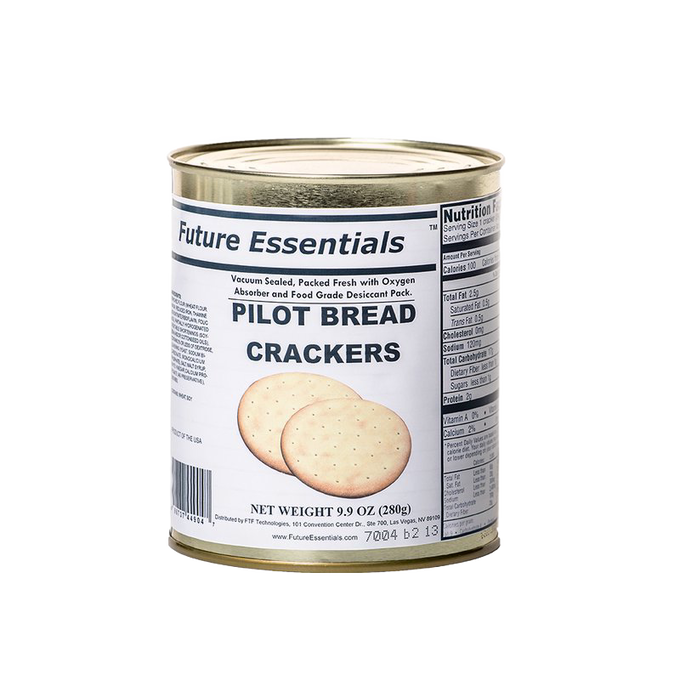Metal can of handcrafted emergency pilot bread crackers weighing 9.9 oz, vacuum sealed with oxygen absorber and food-grade desiccant, ideal for Farm, Garden & Tool, Kitchen & Food, Emergency Supplies, Food, Pantry, Best Sellers, and Promo Eligible collections.