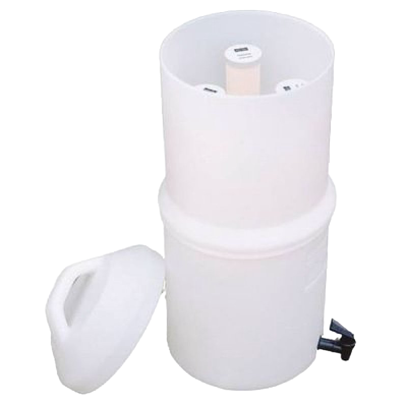 White plastic water filter housing with cylindrical replacement elements inside and a removable lid, designed for tabletop use in emergency and water treatment applications.