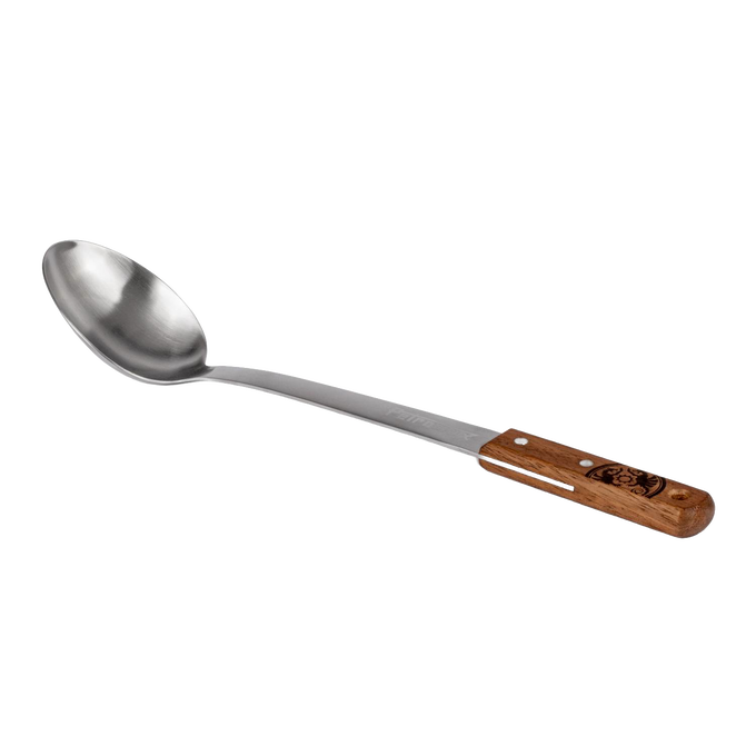 Long stainless steel serving spoon with durable walnut handle, handcrafted for convenient outdoor meal portioning in Farm, Garden & Tool, Kitchen & Food, Camping, Storage and Serving, Best Sellers, and Promo Eligible collections.
