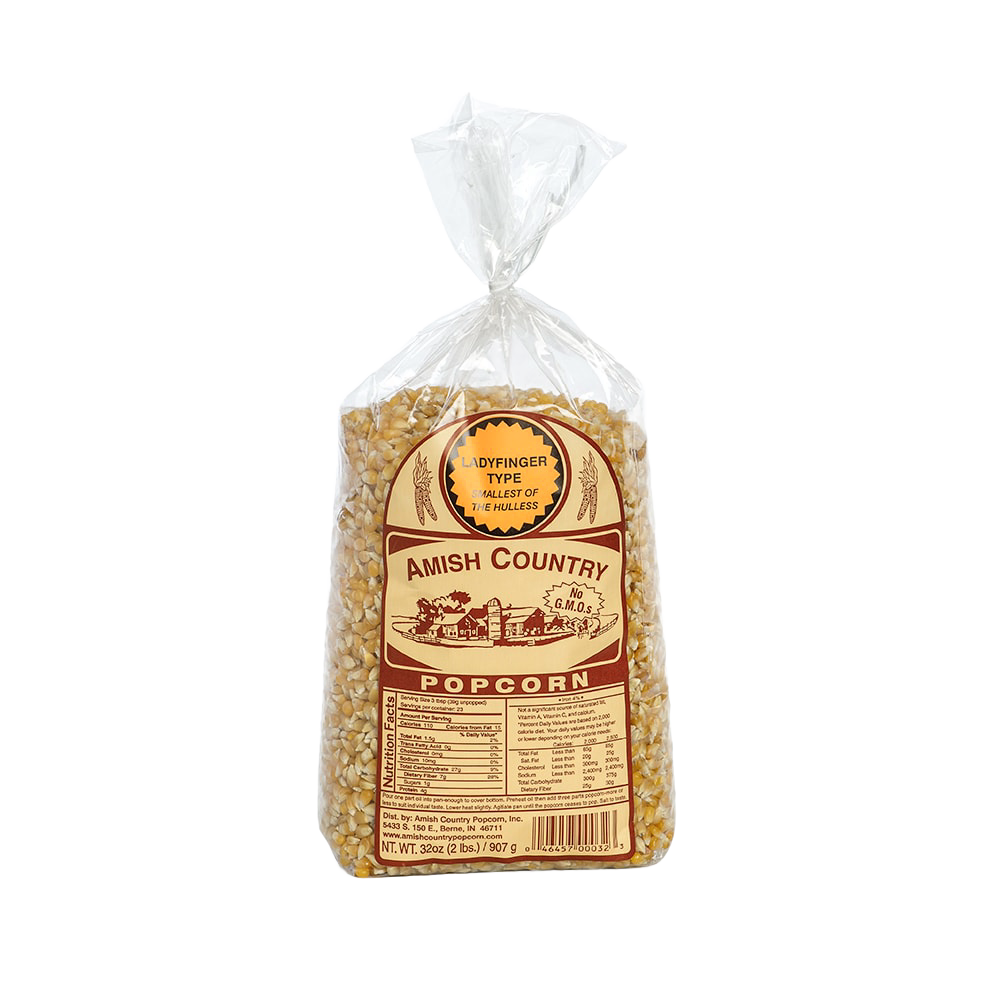 Clear plastic bag of Amish Country popcorn kernels labeled Ladyfinger type, handcrafted and Amish made, ideal for Kitchen & Food, Snacks and Sweets, Popcorn, and Best Sellers collections.