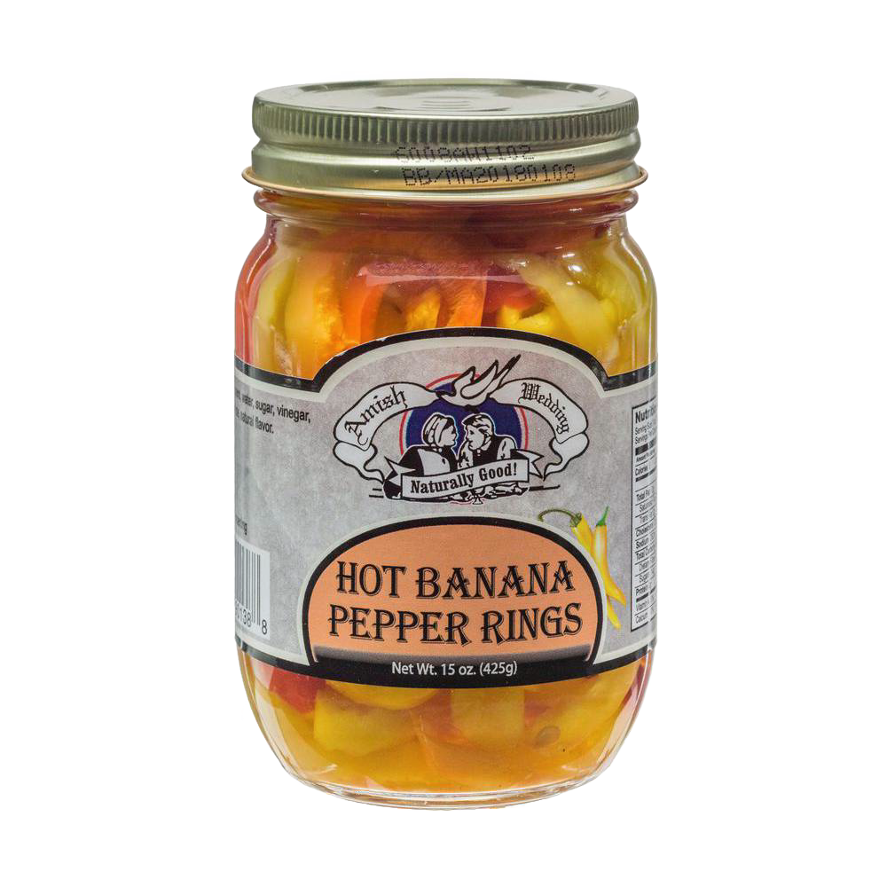 Jar of handcrafted hot banana pepper rings, made in USA, perfect for adding bold flavor to sandwiches, salads, and pizza, featured in Kitchen & Food and Pantry collections.