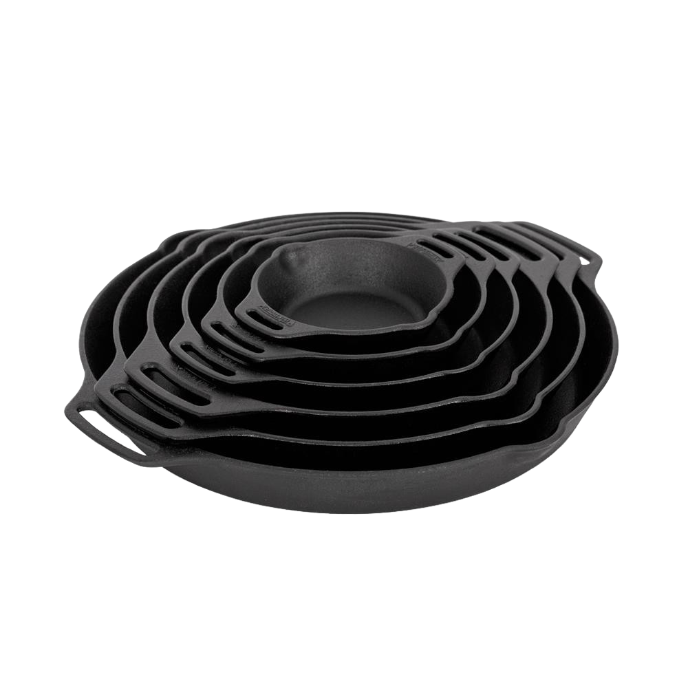 Set of nested cast iron skillets with two side handles, crafted for durable cooking use in farm, garden, camping, kitchen, and cookware collections.