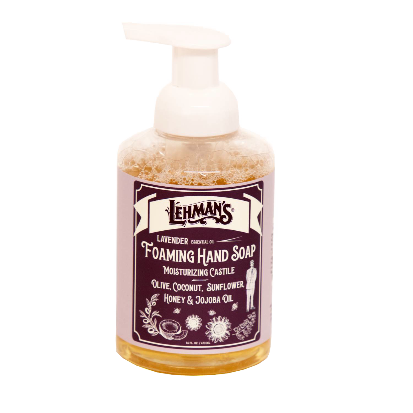 Clear pump bottle of Lehman's handcrafted foaming hand soap with lavender essential oil, featuring a natural castile formula with olive, coconut, sunflower, honey, and jojoba oils, made in USA, ideal for Health & Wellness, Grooming and Personal Hygiene, Soaps, and Best Sellers collections.