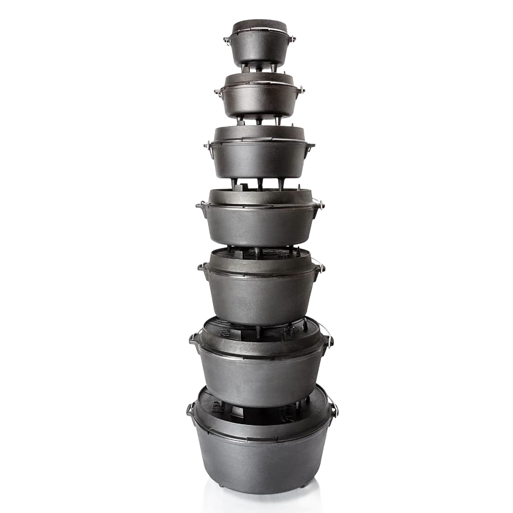 Stack of sturdy black cast iron Dutch ovens with legs, designed for versatile cooking and baking, featured in Kitchen & Food, Cookware, Cast Iron, Best Sellers, and Promo Eligible collections.