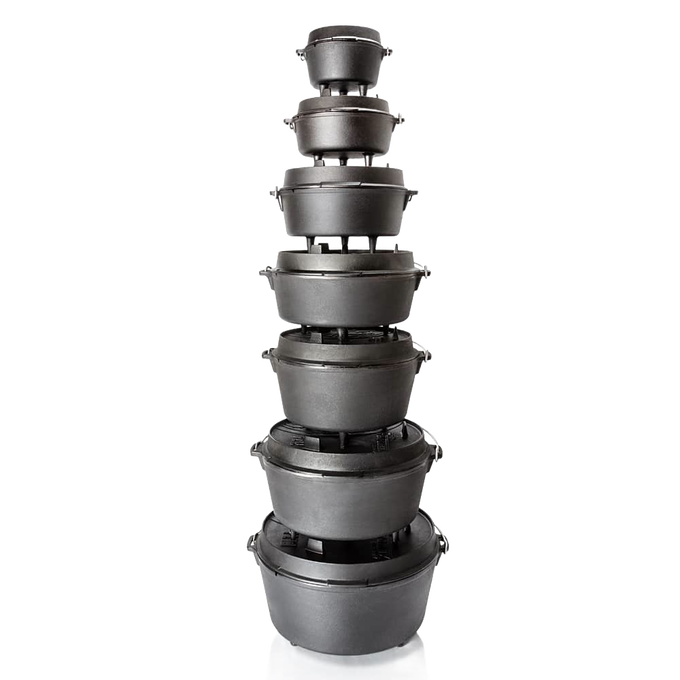 Stack of sturdy black cast iron Dutch ovens with legs, designed for versatile cooking and baking, featured in Kitchen & Food, Cookware, Cast Iron, Best Sellers, and Promo Eligible collections.