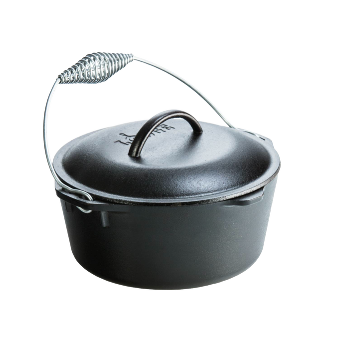 Classic cast iron Dutch oven with spiral handle and self-basting lid, pre-seasoned for immediate use, ideal for Kitchen & Food, Cookware, Cast Iron, USA Made, and Best Sellers collections.