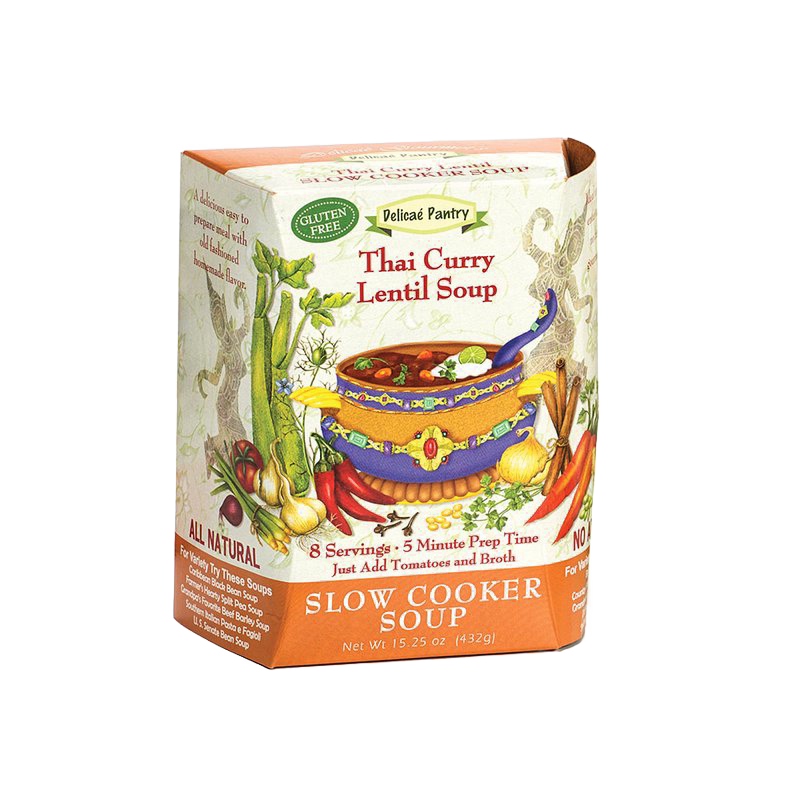 All-natural gluten-free Thai Curry Lentil Soup slow cooker mix with aromatic spices and vegetables, easy prep with tomatoes and broth, featured in Kitchen & Food and Soups collections.