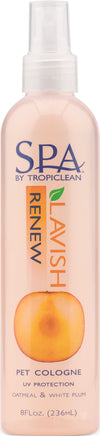 Clear plastic spray bottle of pet cologne with peach-colored liquid labeled for UV protection and oatmeal and white plum scent, suitable for pet care collections.