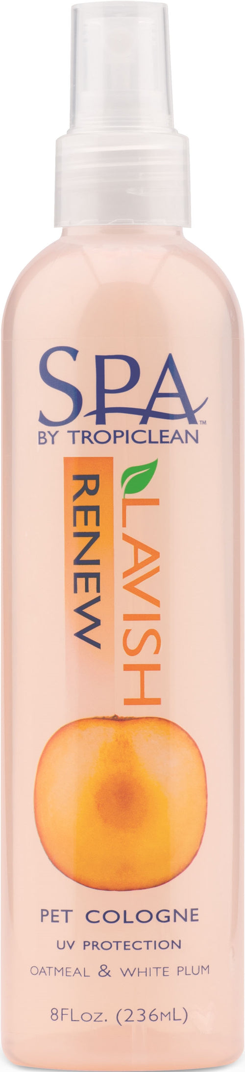Clear plastic spray bottle of pet cologne with peach-colored liquid labeled for UV protection and oatmeal and white plum scent, suitable for pet care collections.