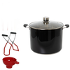 Black 21.5-quart water bath canner with glass lid accompanied by a set of five essential handcrafted red and yellow canning tools for food preservation and kitchen use.