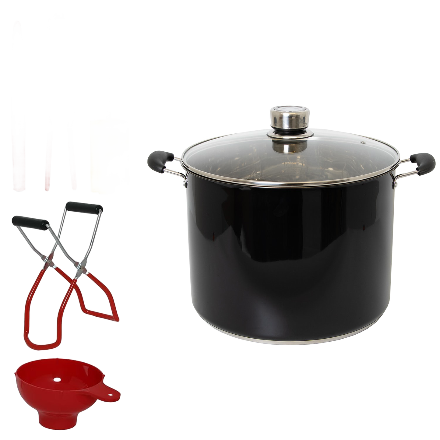 Black 21.5-quart water bath canner with glass lid accompanied by a set of five essential handcrafted red and yellow canning tools for food preservation and kitchen use.