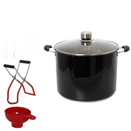 Black 21.5-quart water bath canner with glass lid accompanied by a set of five essential handcrafted red and yellow canning tools for food preservation and kitchen use.