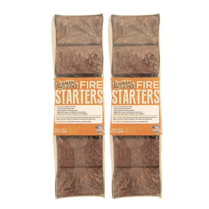Pair of handcrafted non-toxic fire starter packs made in the USA, featuring natural reclaimed wax and sawdust, ideal for wood stoves, camping, and hearth accessories.
