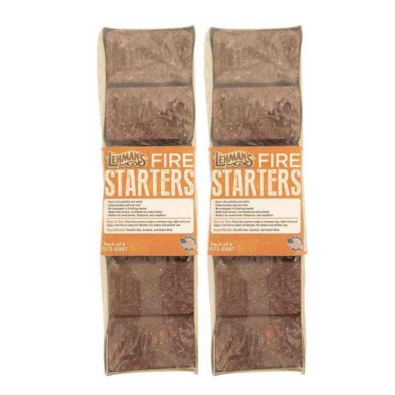 Pair of handcrafted non-toxic fire starter packs made in the USA, featuring natural reclaimed wax and sawdust, ideal for wood stoves, camping, and hearth accessories.