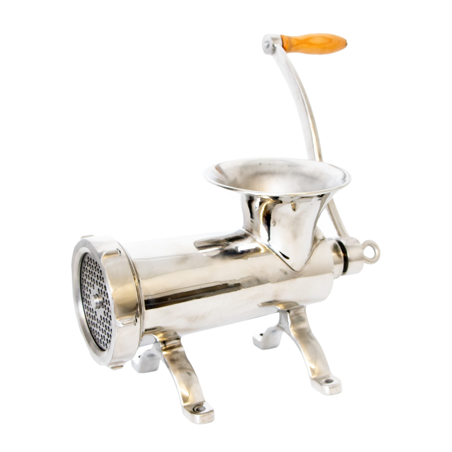 Polished stainless steel hand-cranked mounted meat grinder with a wooden handle and pre-drilled base for secure attachment, crafted for durability in Kitchen & Food, Specialty Equipment, and Butchering Supplies collections.