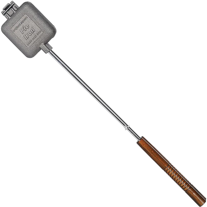 Cast iron square pie iron with long metal handle and wooden grip, designed for camping and outdoor cooking, featured in Farm, Garden & Tool, Best Sellers, and Promo Eligible collections.