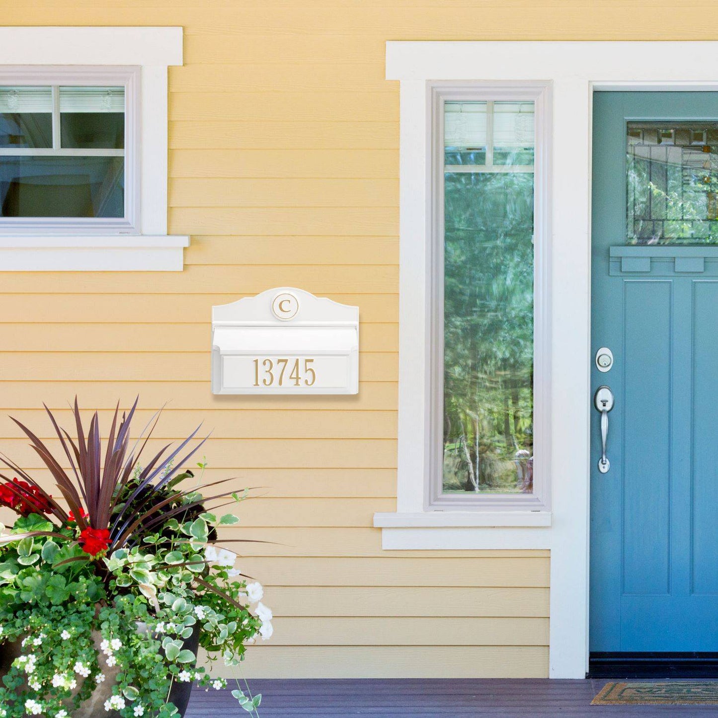 Handcrafted white wall mount mailbox with gold personalized house number and monogram, made in USA, enhancing curb appeal in Home & Decor and Mailboxes and Address Signs collections.