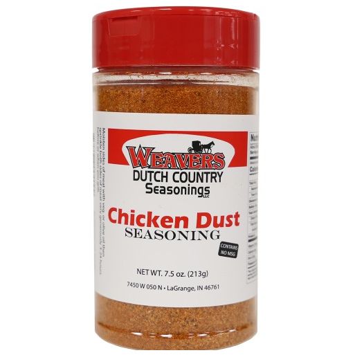 Clear plastic shaker bottle with red lid filled with handcrafted Chicken Dust seasoning blend, made in USA, featured in Kitchen & Food, Pantry, USA Made, Best Sellers, and Promo Eligible collections.