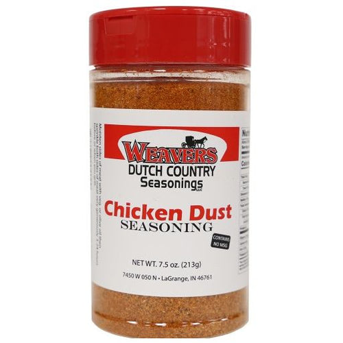 Clear plastic shaker bottle with red lid filled with handcrafted Chicken Dust seasoning blend, made in USA, featured in Kitchen & Food, Pantry, USA Made, Best Sellers, and Promo Eligible collections.