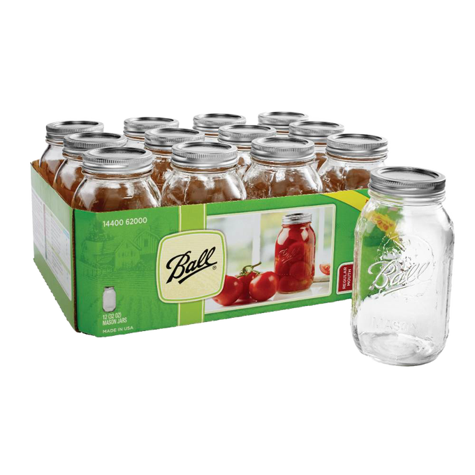 Clear glass regular-mouth canning jars with metal lids, packaged in a case, ideal for food preservation and home canning, part of Kitchen & Food, USA Made, and Best Sellers collections.