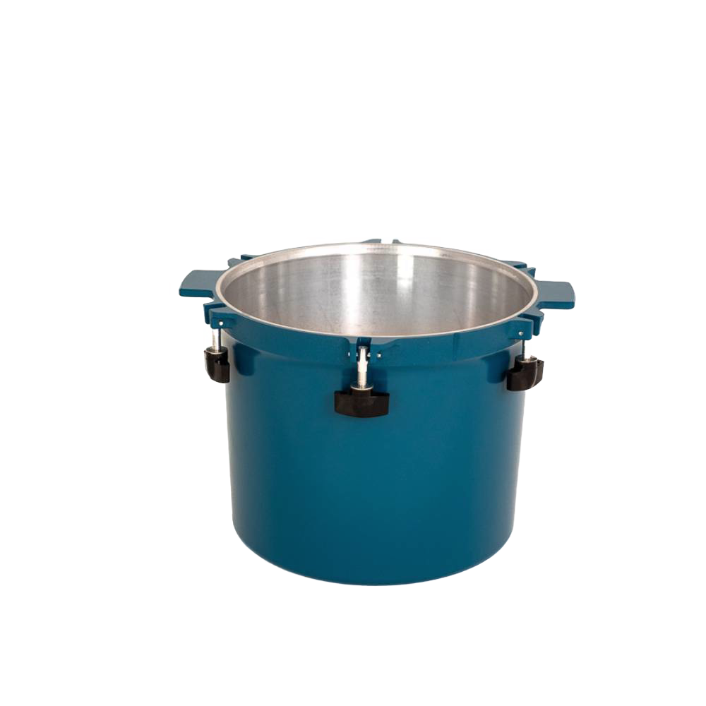 Teal blue heavy-duty pressure canner pot with secure locking clamps and sturdy side handles, designed for safe food preservation in Kitchen & Food and USA Made collections.