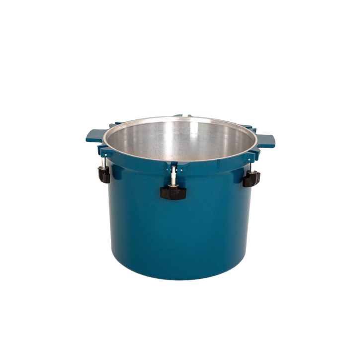 Teal blue heavy-duty pressure canner pot with secure locking clamps and sturdy side handles, designed for safe food preservation in Kitchen & Food and USA Made collections.