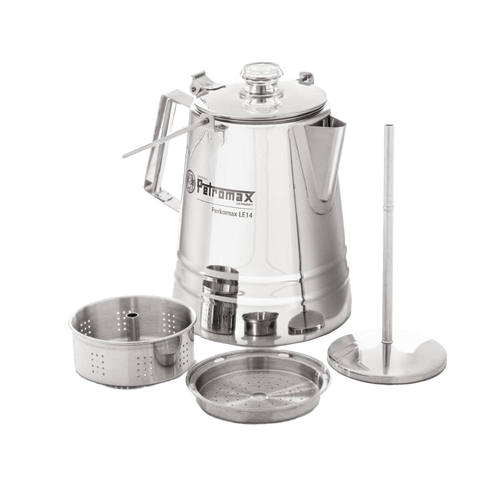 Polished stainless steel percolator with clear glass lid knob, foldable handle, and detachable coffee filter parts, designed for gentle brewing in Camping, Kitchen & Food, Farm, Garden & Tool, and Brewing Coffee and Tea collections.