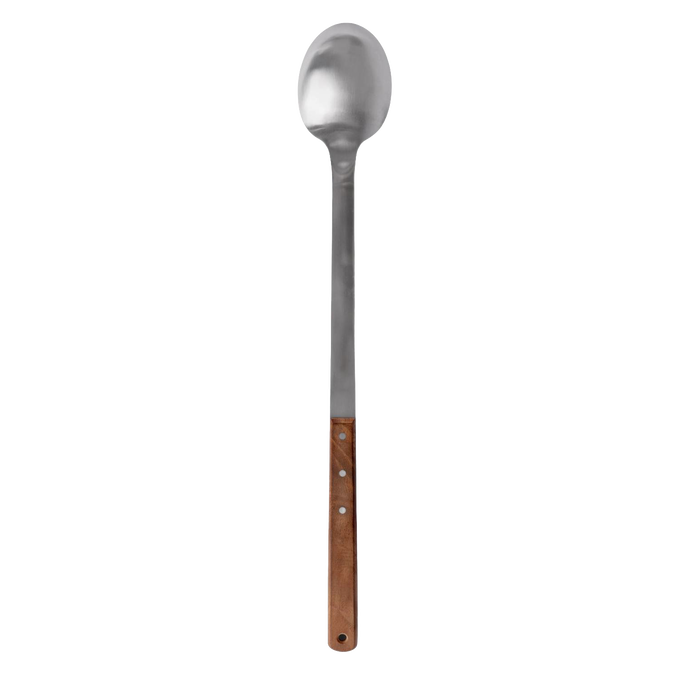 Handcrafted long serving spoon with a stainless steel bowl and a smooth walnut handle, designed for easy outdoor meal serving in Farm, Garden & Tool, Kitchen & Food, Camping, Storage and Serving, Best Sellers, Promo Eligible collections.