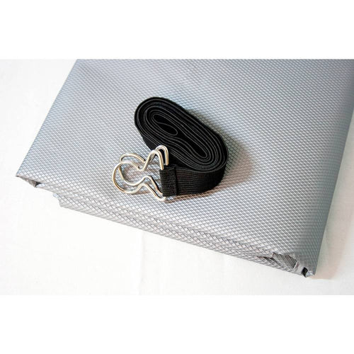 Gray textured protective cover folded neatly with a 72-inch black elastic strap featuring a metal clasp, designed for outdoor air conditioner units in Home & Decor and Household Helpers collections.