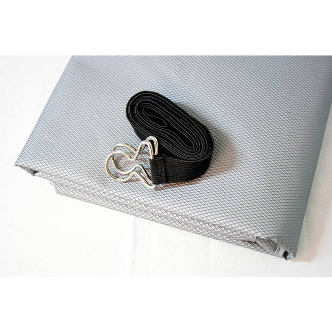 Gray textured protective cover folded neatly with a 72-inch black elastic strap featuring a metal clasp, designed for outdoor air conditioner units in Home & Decor and Household Helpers collections.