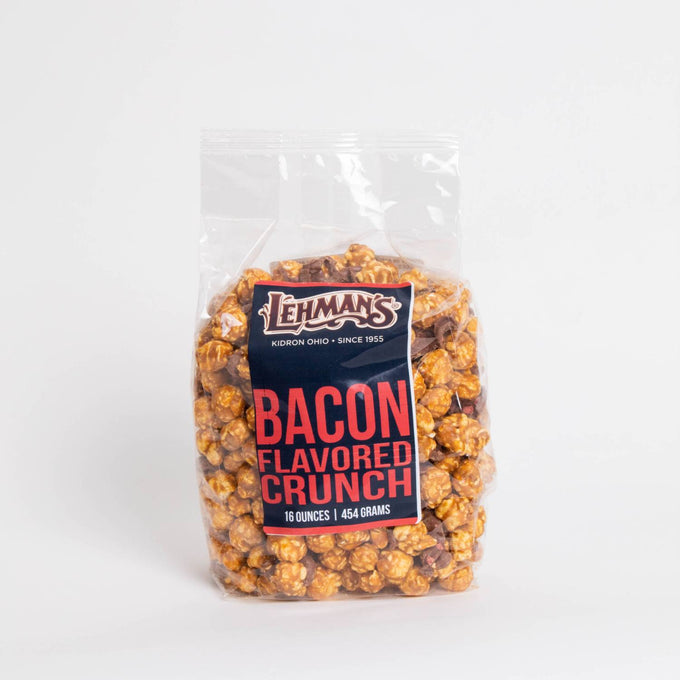 Clear bag of handcrafted caramel popcorn with savory bacon flavor, an exclusive sweet and crunchy snack made in USA, ideal for Kitchen & Food, Snacks and Sweets, Popcorn, USA Made, and Best Sellers collections.
