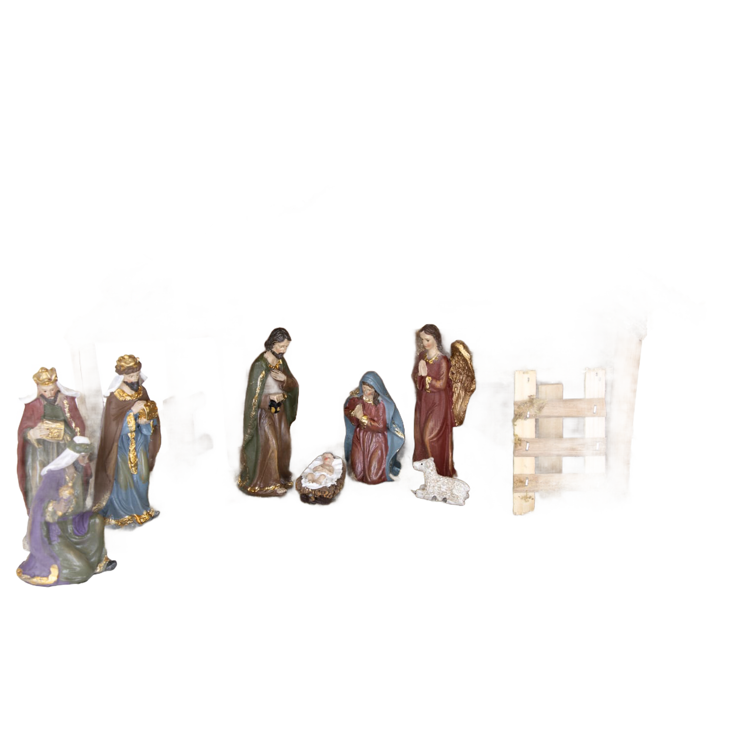 Handcrafted resin nativity scene featuring nine figurines with golden accents and a moss-covered stable, bringing classic holiday charm to Home & Decor, Holiday Decor, Best Sellers, and Promo Eligible collections.