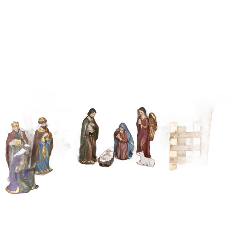 Handcrafted resin nativity scene featuring nine figurines with golden accents and a moss-covered stable, bringing classic holiday charm to Home & Decor, Holiday Decor, Best Sellers, and Promo Eligible collections.