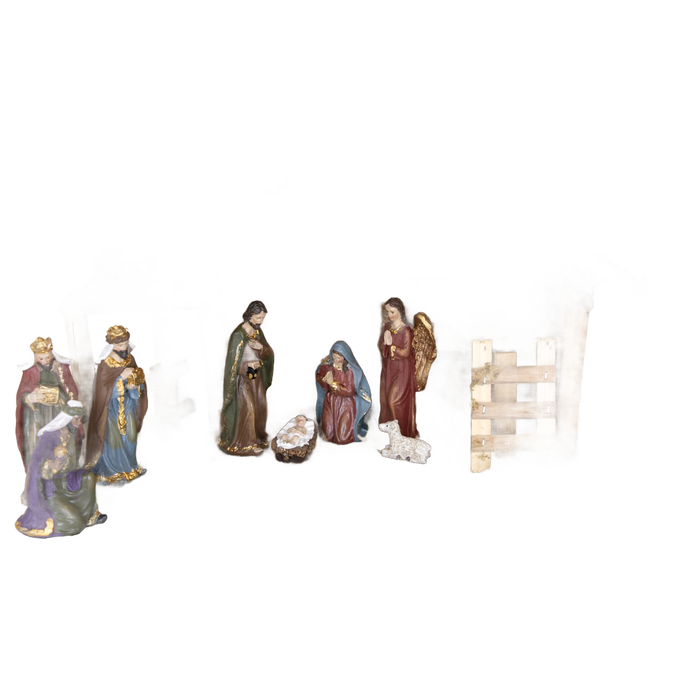 Handcrafted resin nativity scene featuring nine figurines with golden accents and a moss-covered stable, bringing classic holiday charm to Home & Decor, Holiday Decor, Best Sellers, and Promo Eligible collections.