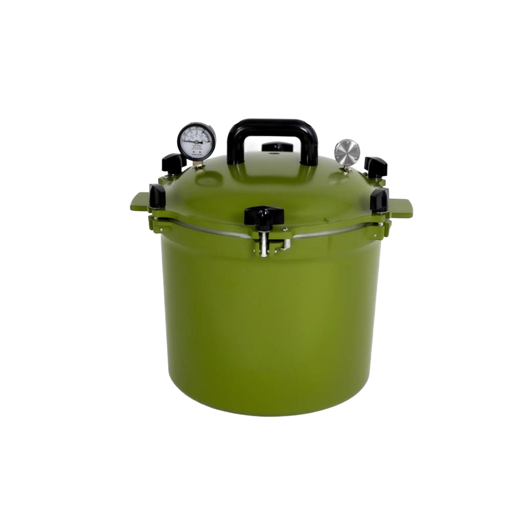 Olive green 21.5-quart pressure canner with secure locking lid, built-in pressure gauge, and sturdy black handle, handcrafted in USA for Kitchen & Food, Food Preservation, Canning, and Best Sellers collections.